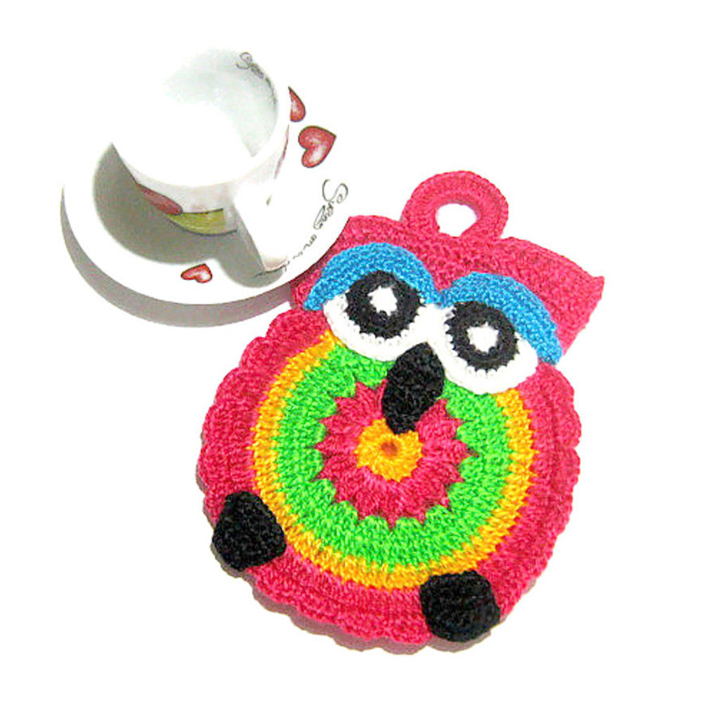 Presina fucsia a forma di gufetto ad uncinetto 13x18.5 cm