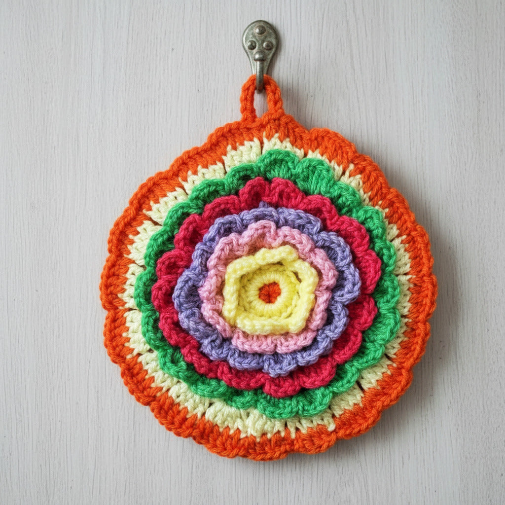 Presina multicolore rotonda con fiore ad uncinetto 11.5 cm