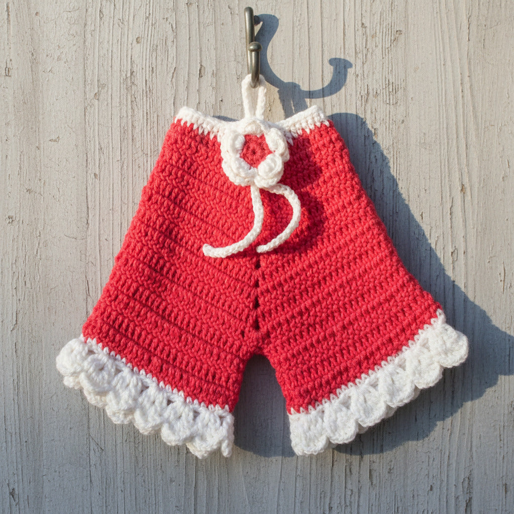 Presina pantalone fucsia e bianco ad uncinetto 12x16 cm