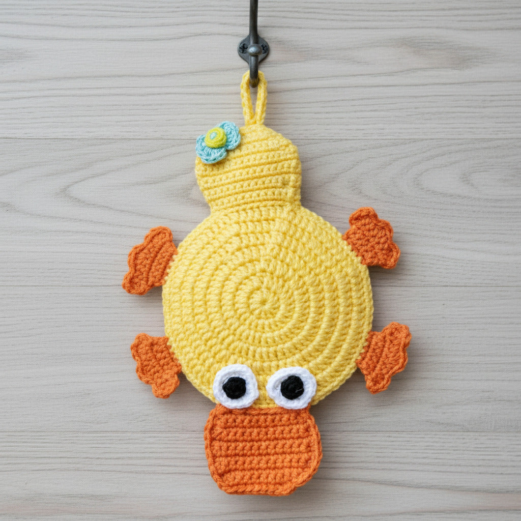 Presina papero giallo e arancione ad uncinetto 17x20 cm