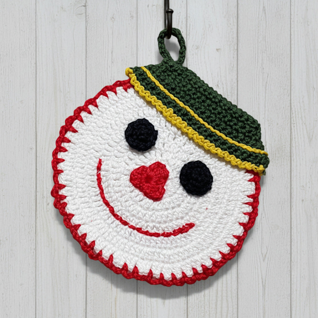 Presina pupazzo di neve con cappello verde ad uncinetto 14x15 cm