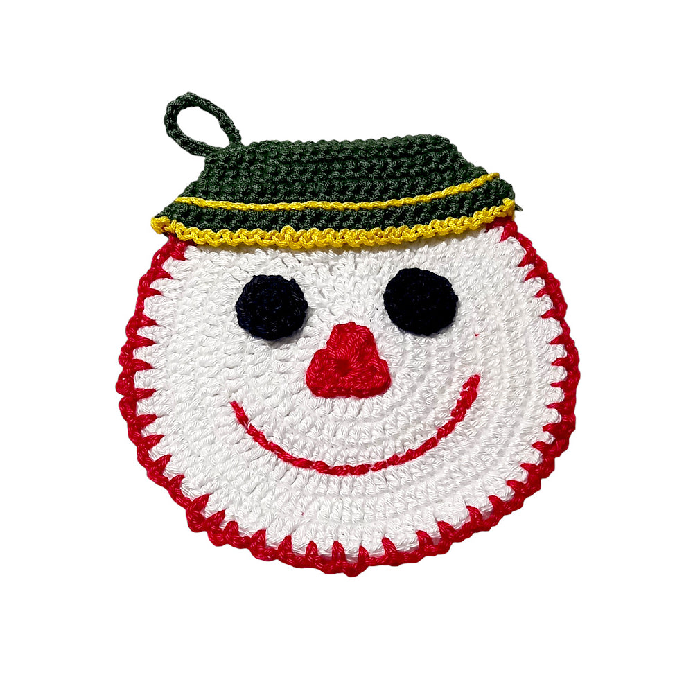 Presina pupazzo di neve con cappello verde ad uncinetto 14x15 cm