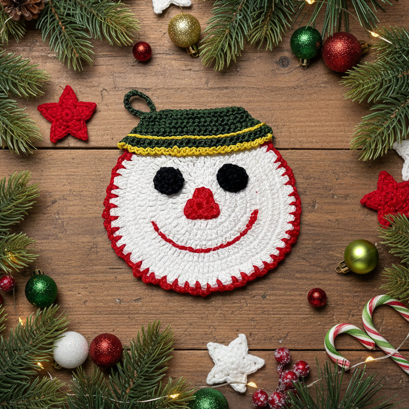 Presina pupazzo di neve con cappello verde ad uncinetto 14x15 cm