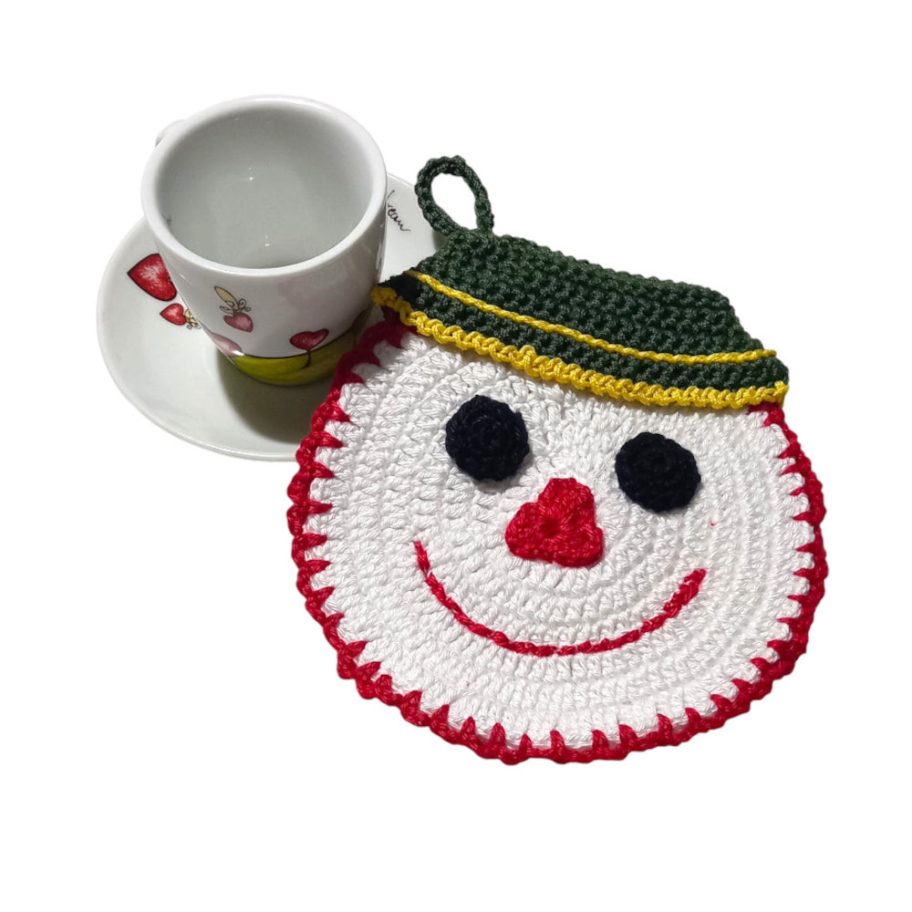 Presina pupazzo di neve con cappello verde ad uncinetto 14x15 cm