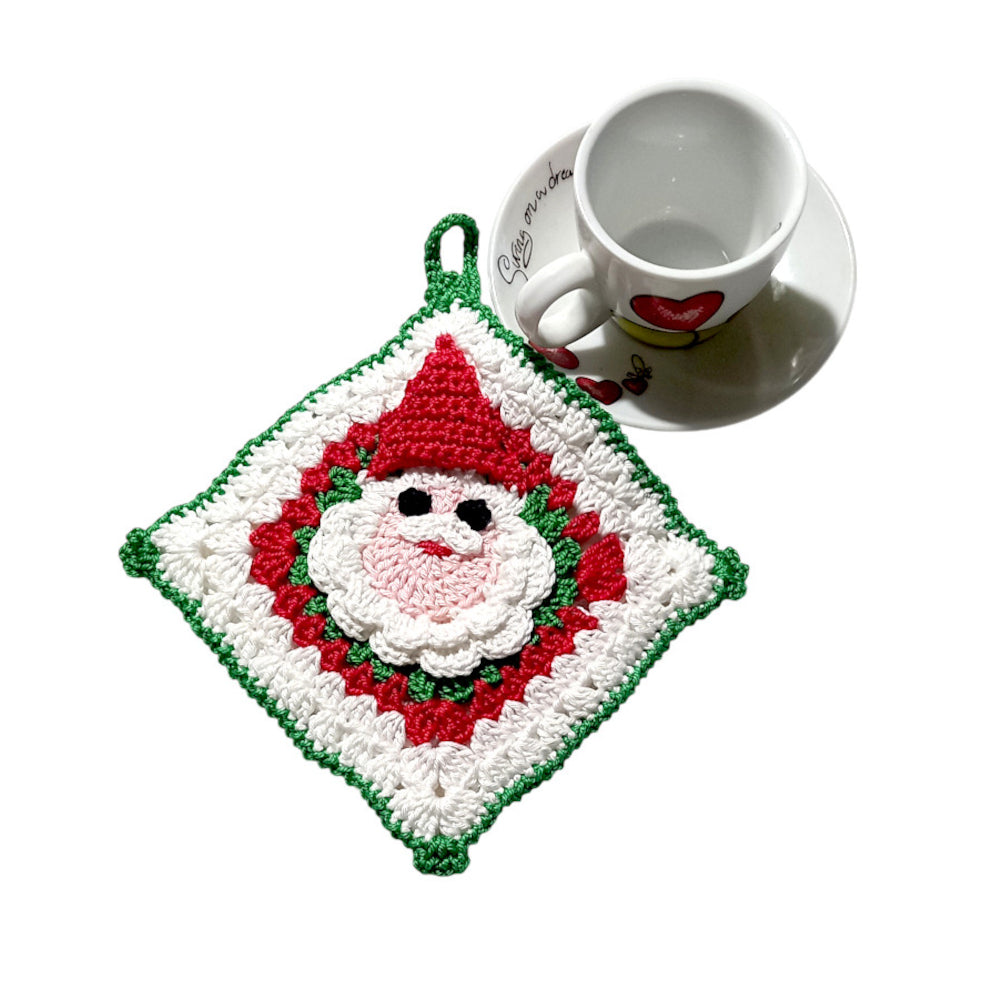 Presina quadrata Bianca con Babbo Natale ad uncinetto 18x20 cm