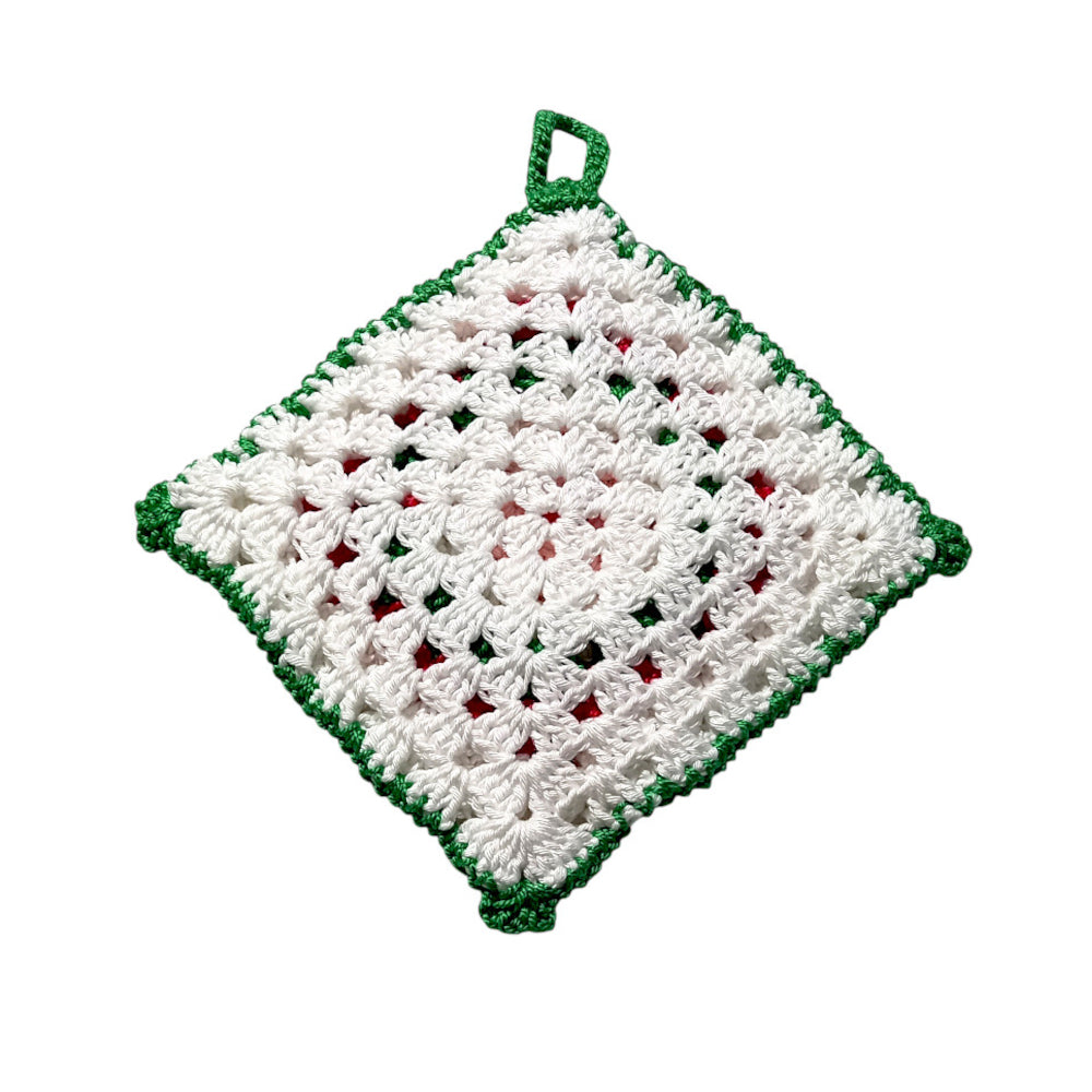 Presina quadrata Bianca con Babbo Natale ad uncinetto 18x20 cm