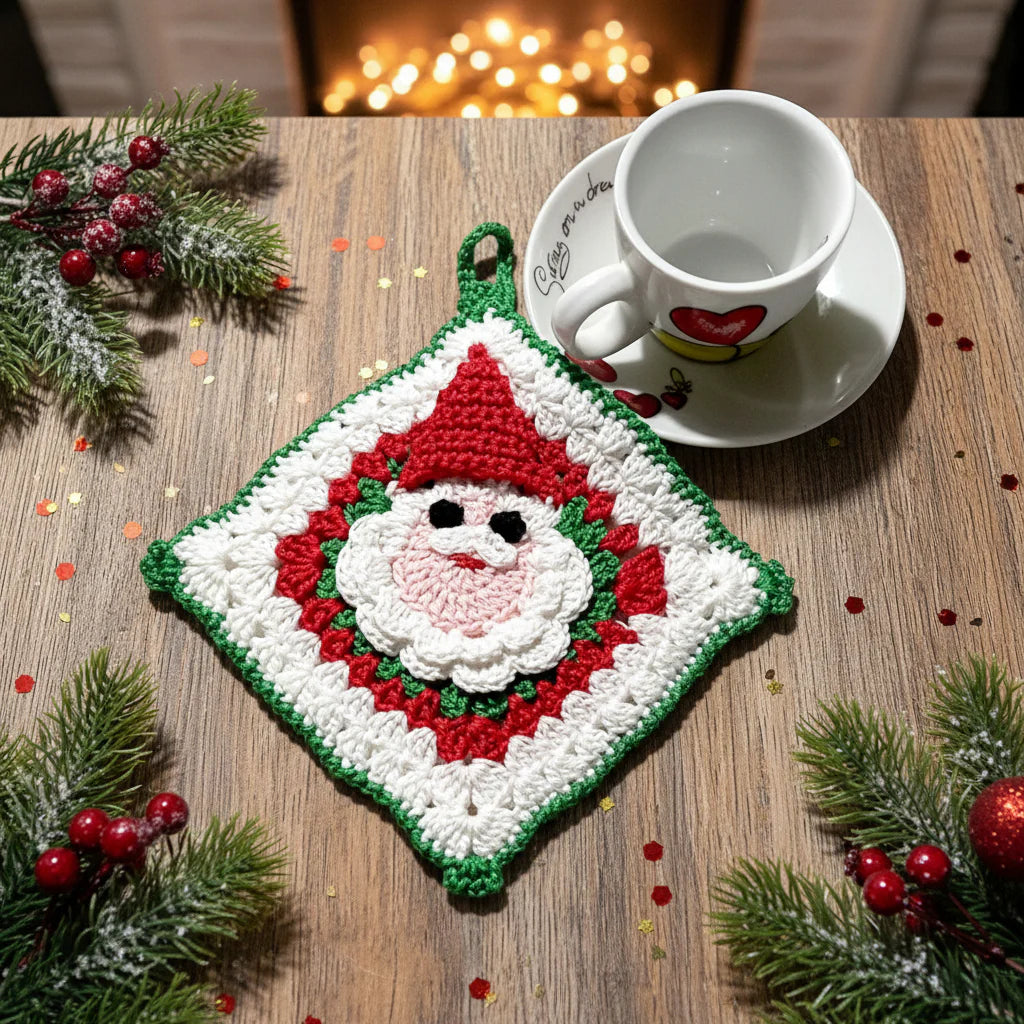 Presina quadrata Bianca con Babbo Natale ad uncinetto 18x20 cm - 50NT