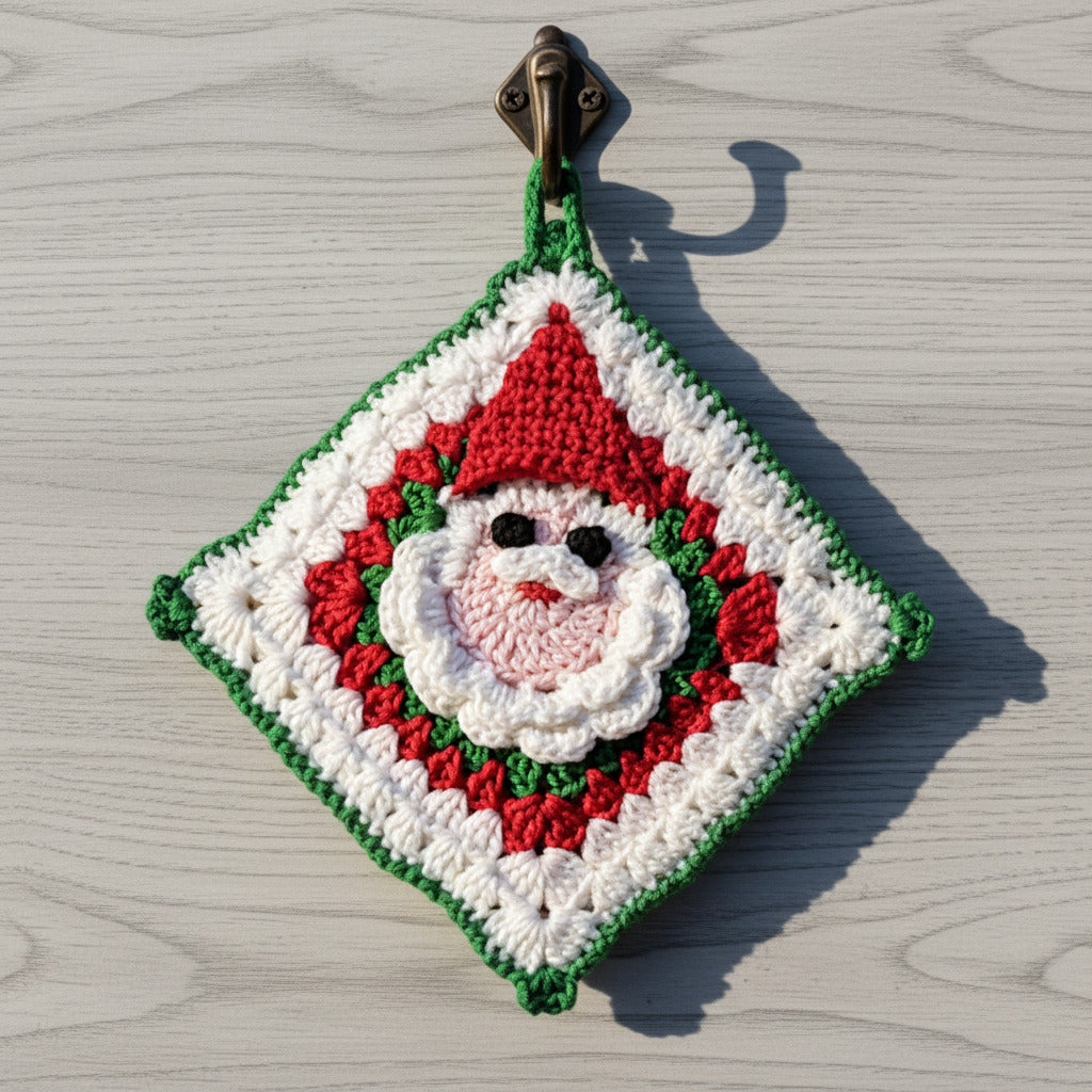 Presina quadrata Bianca con Babbo Natale ad uncinetto 18x20 cm