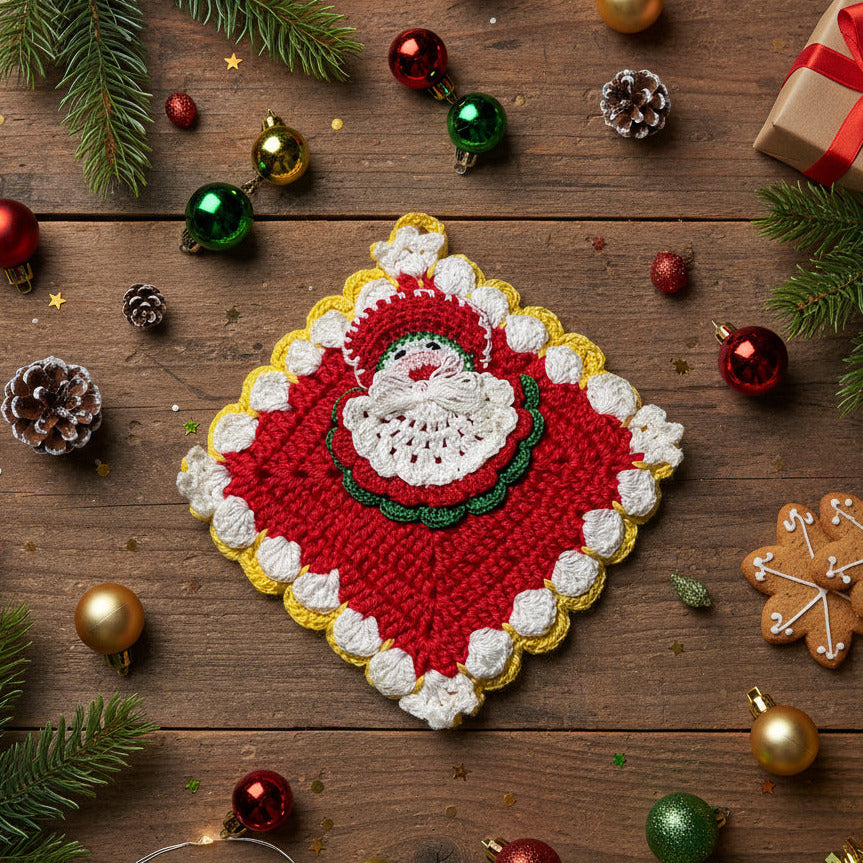 Presina quadrata rossa con Babbo Natale ad uncinetto 17x18.5 cm