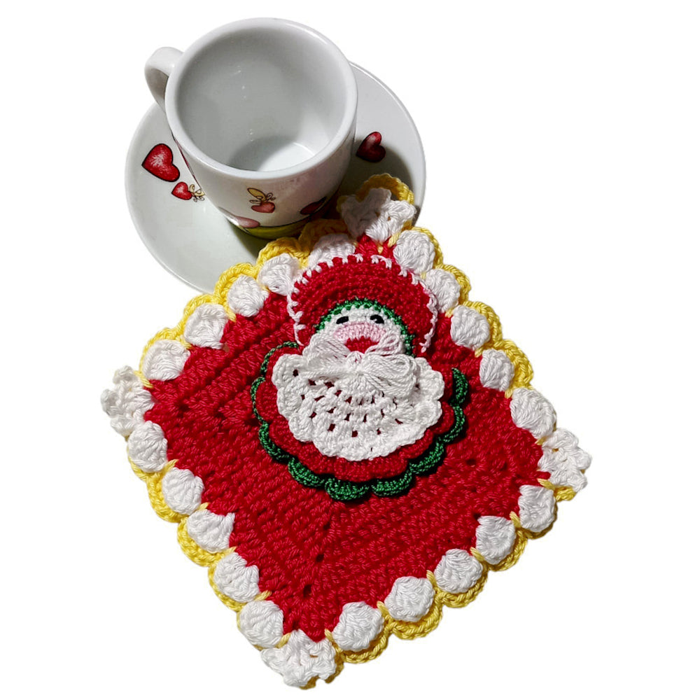 Presina quadrata rossa con Babbo Natale ad uncinetto 17x18.5 cm