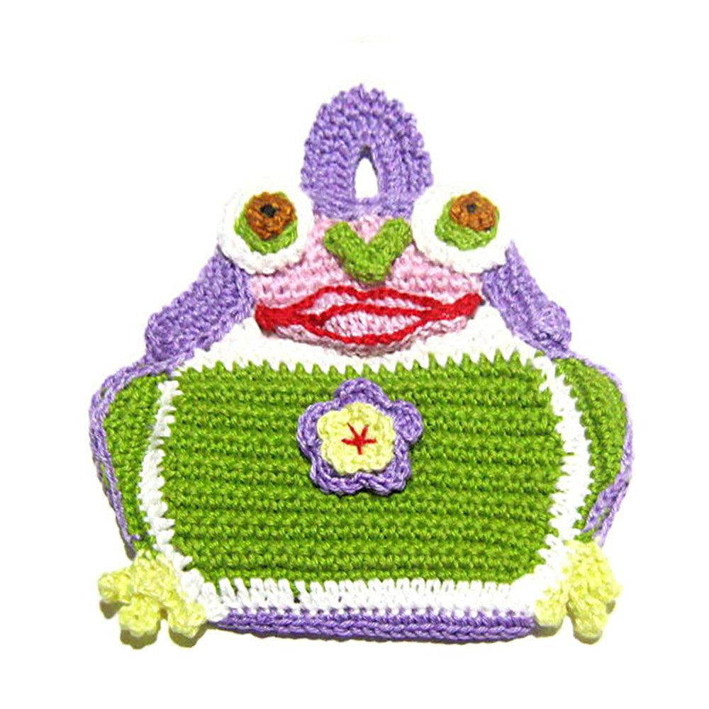 Presina ranocchio verde e lilla ad uncinetto 15.5x16 cm