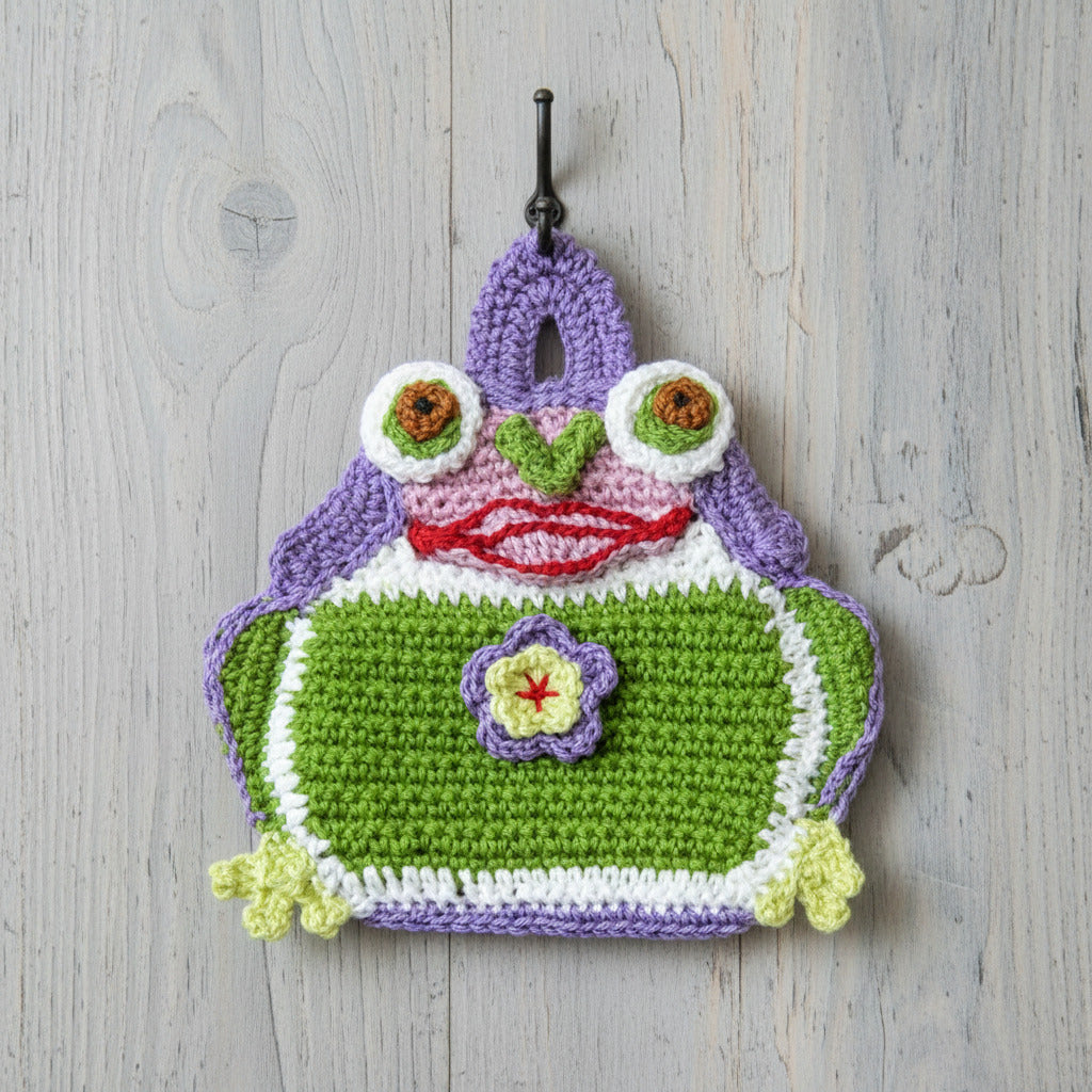 Presina ranocchio verde e lilla ad uncinetto 15.5x16 cm