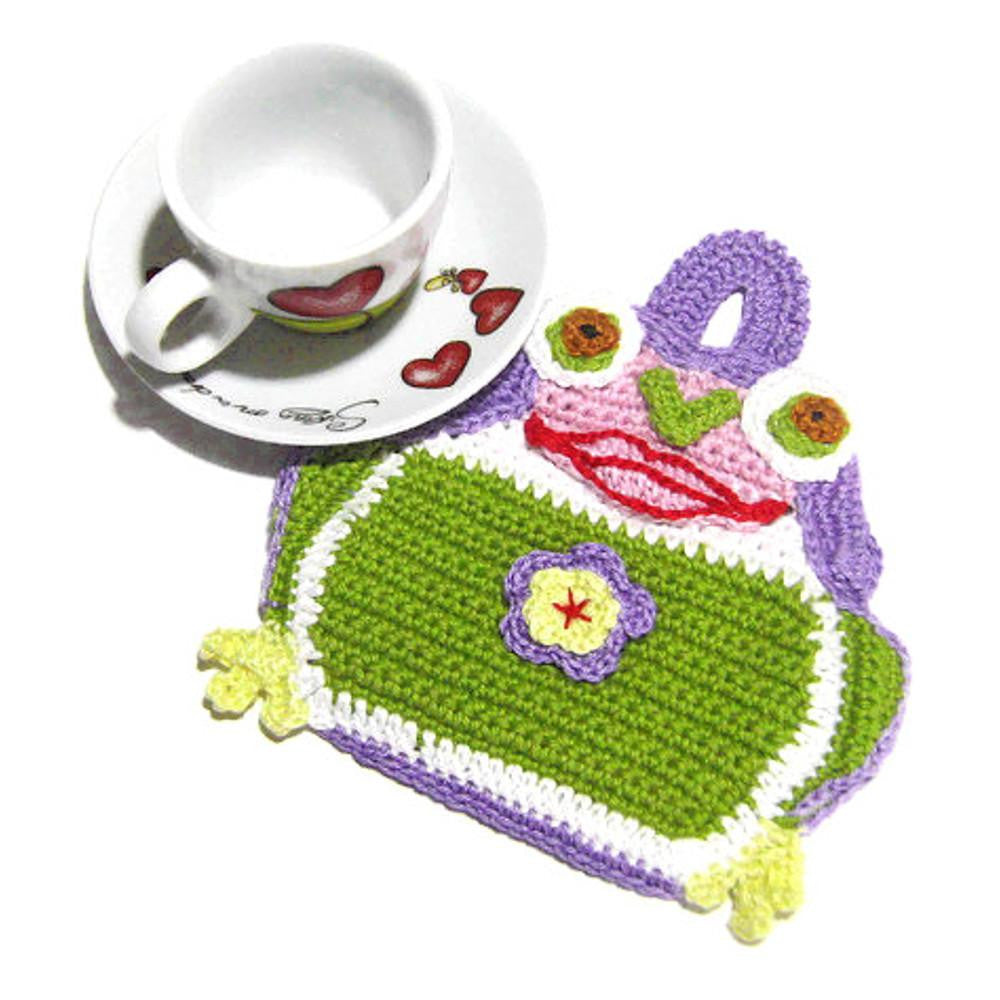 Presina ranocchio verde e lilla ad uncinetto 15.5x16 cm