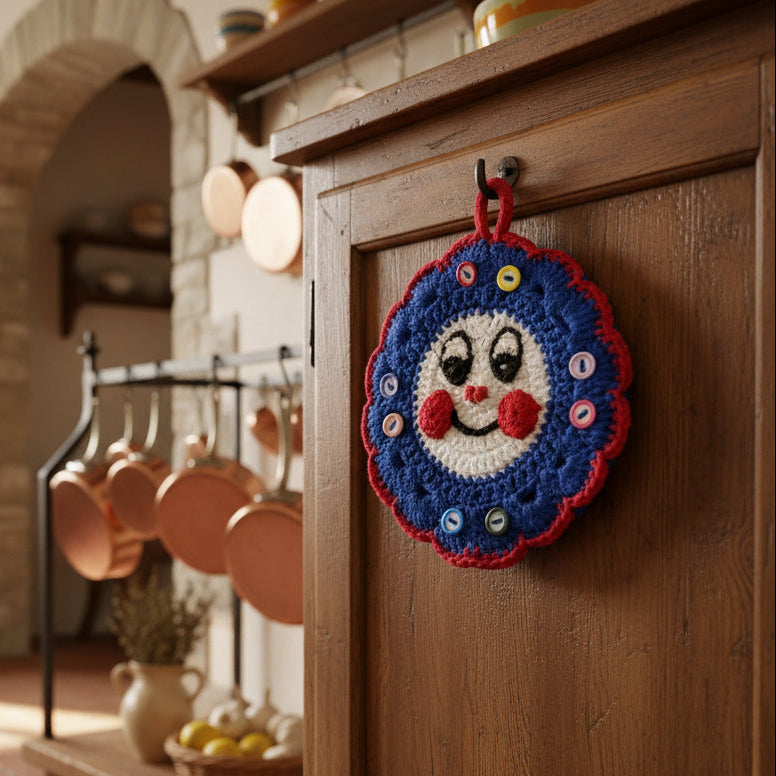 Presina rotonda bianca e blu con bottoni colorati, lavorata ad uncinetto.