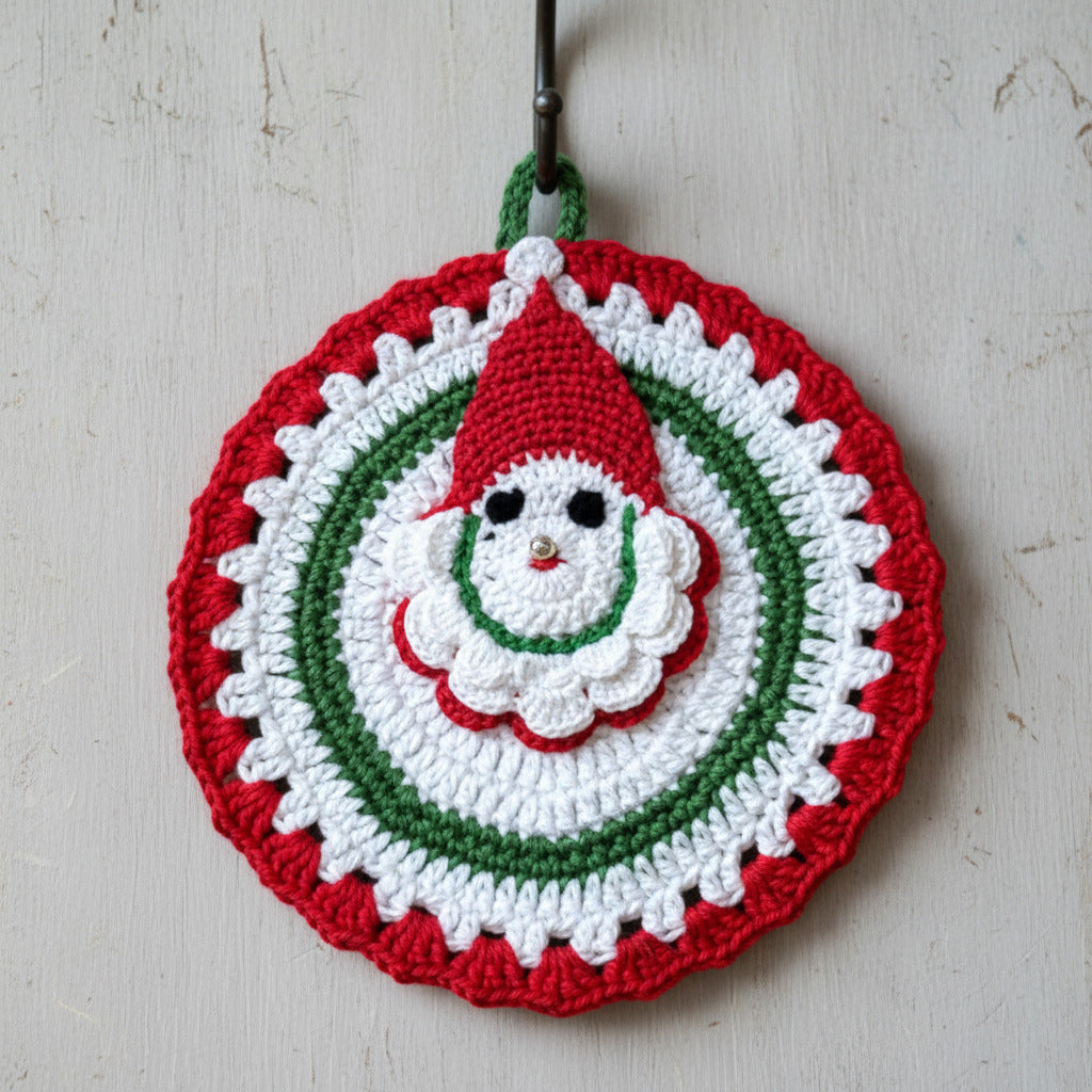 Presina rotonda bianca con Babbo Natale ad uncinetto 15x16 cm