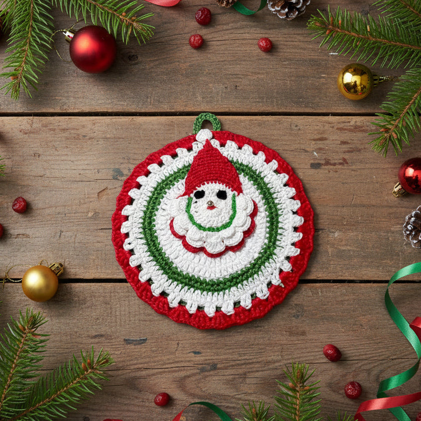 Presina rotonda bianca con Babbo Natale ad uncinetto 15x16 cm
