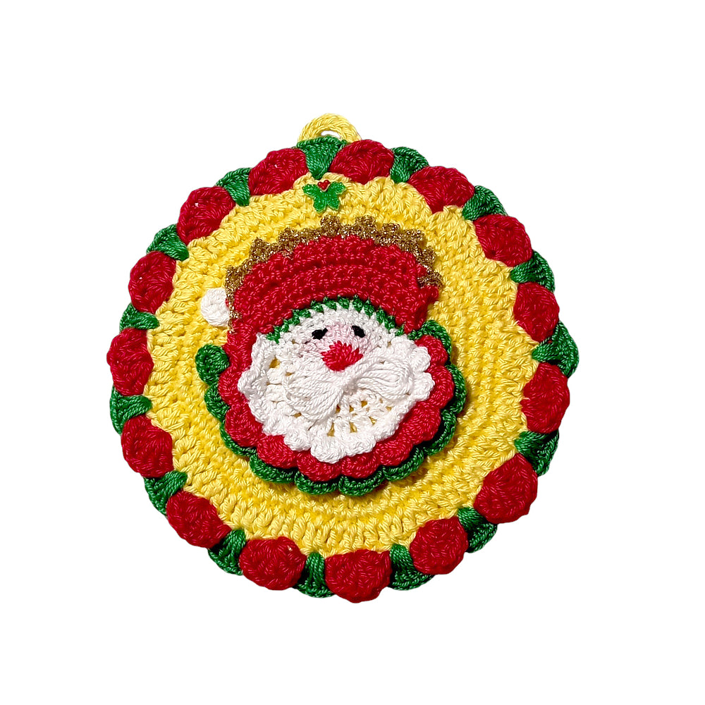 Presina rotonda gialla con Babbo Natale ad uncinetto 13x14.5 cm