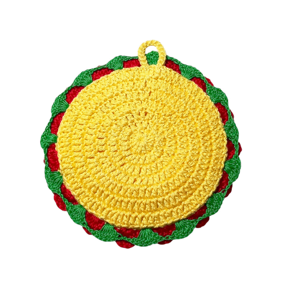 Presina rotonda gialla con Babbo Natale ad uncinetto 13x14.5 cm