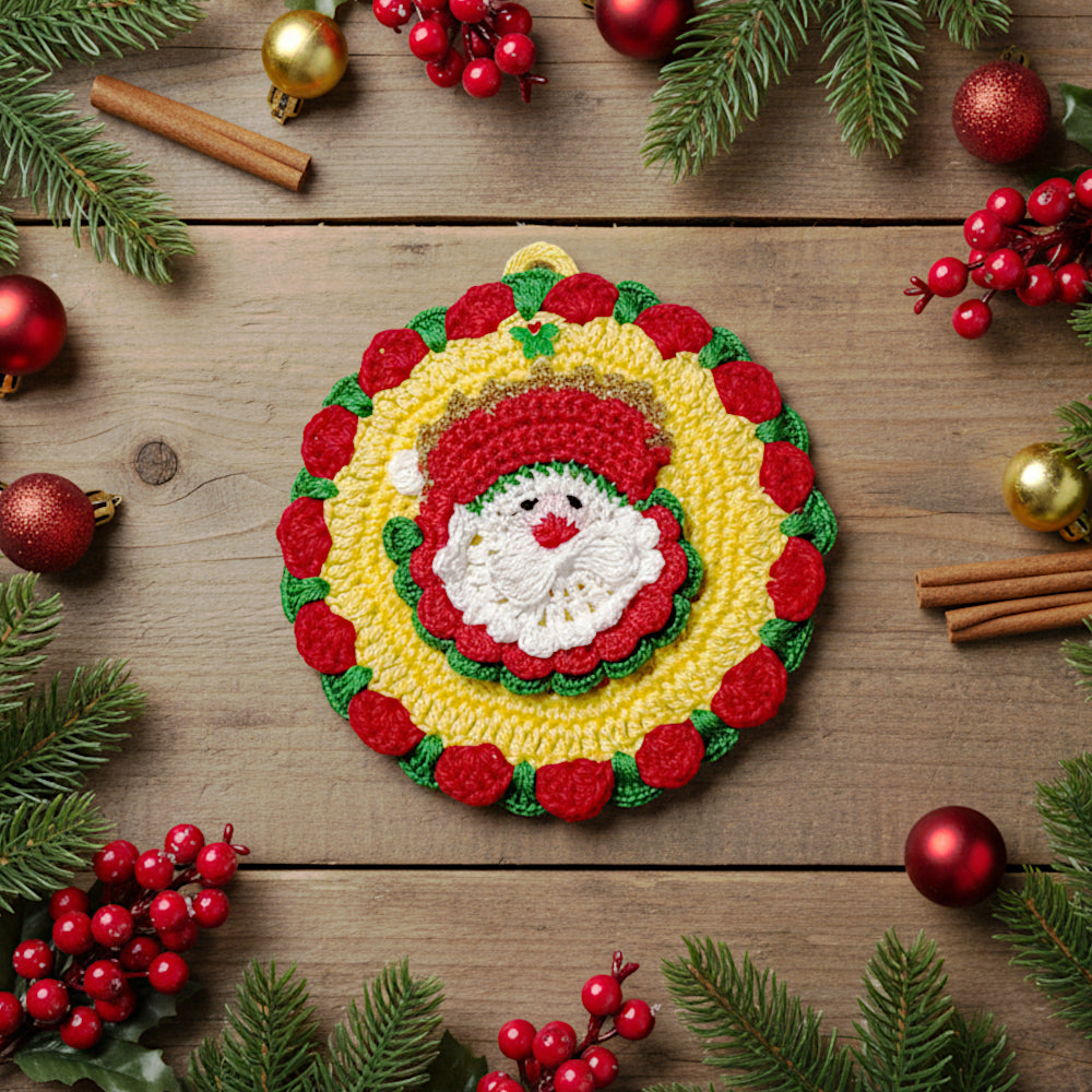 Presina rotonda gialla con Babbo Natale ad uncinetto 13x14.5 cm