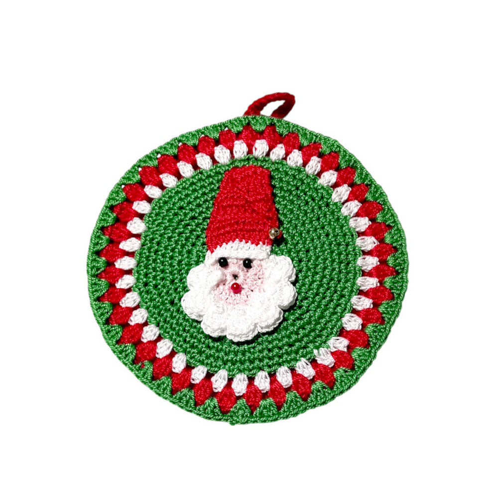 Presina rotonda verde con Babbo Natale ad uncinetto 12.5 cm