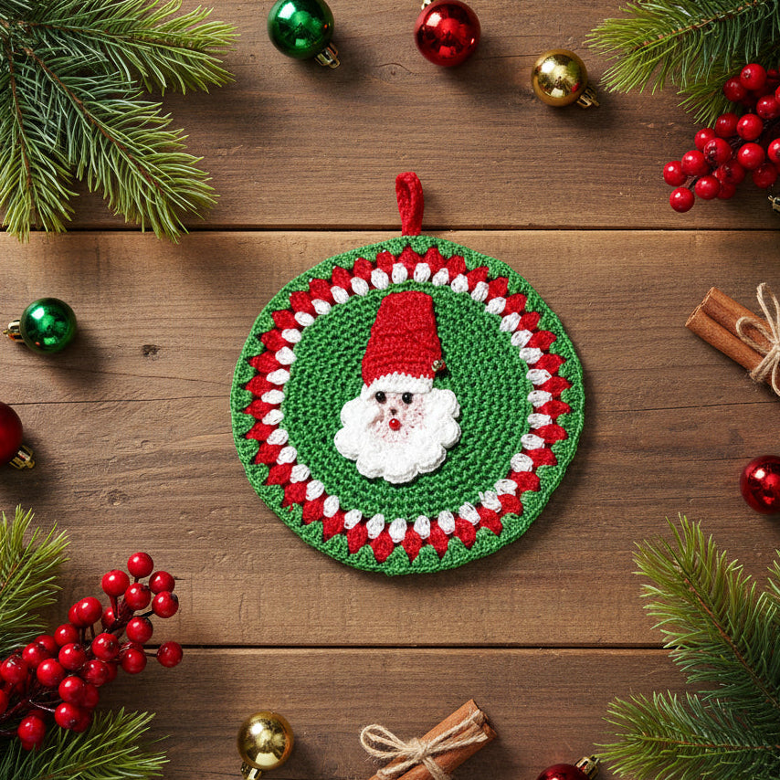 Presina rotonda verde con Babbo Natale ad uncinetto 12.5 cm