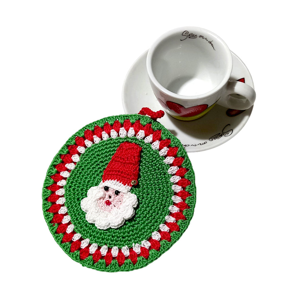 Presina rotonda verde con Babbo Natale ad uncinetto 12.5 cm