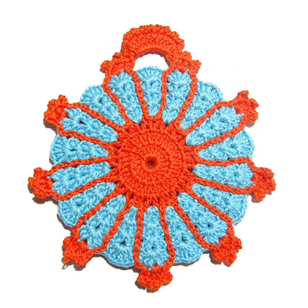 Presina turchese e arancione ad uncinetto 14.5x16.5 cm