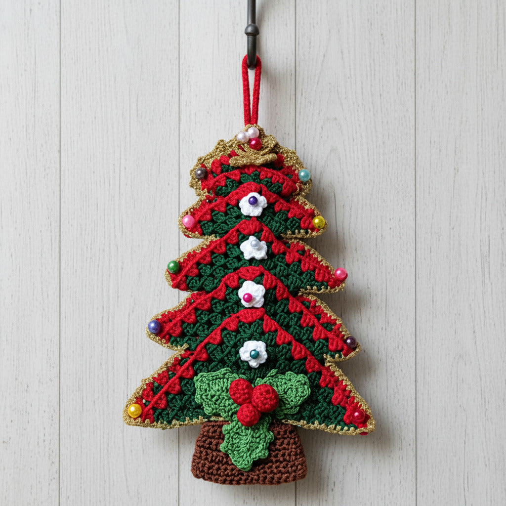 Presina verde a forma di albero di Natale ad uncinetto 13x23 cm