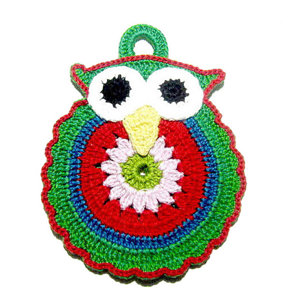 Presina verde a forma di gufetto ad uncinetto 13x18 cm