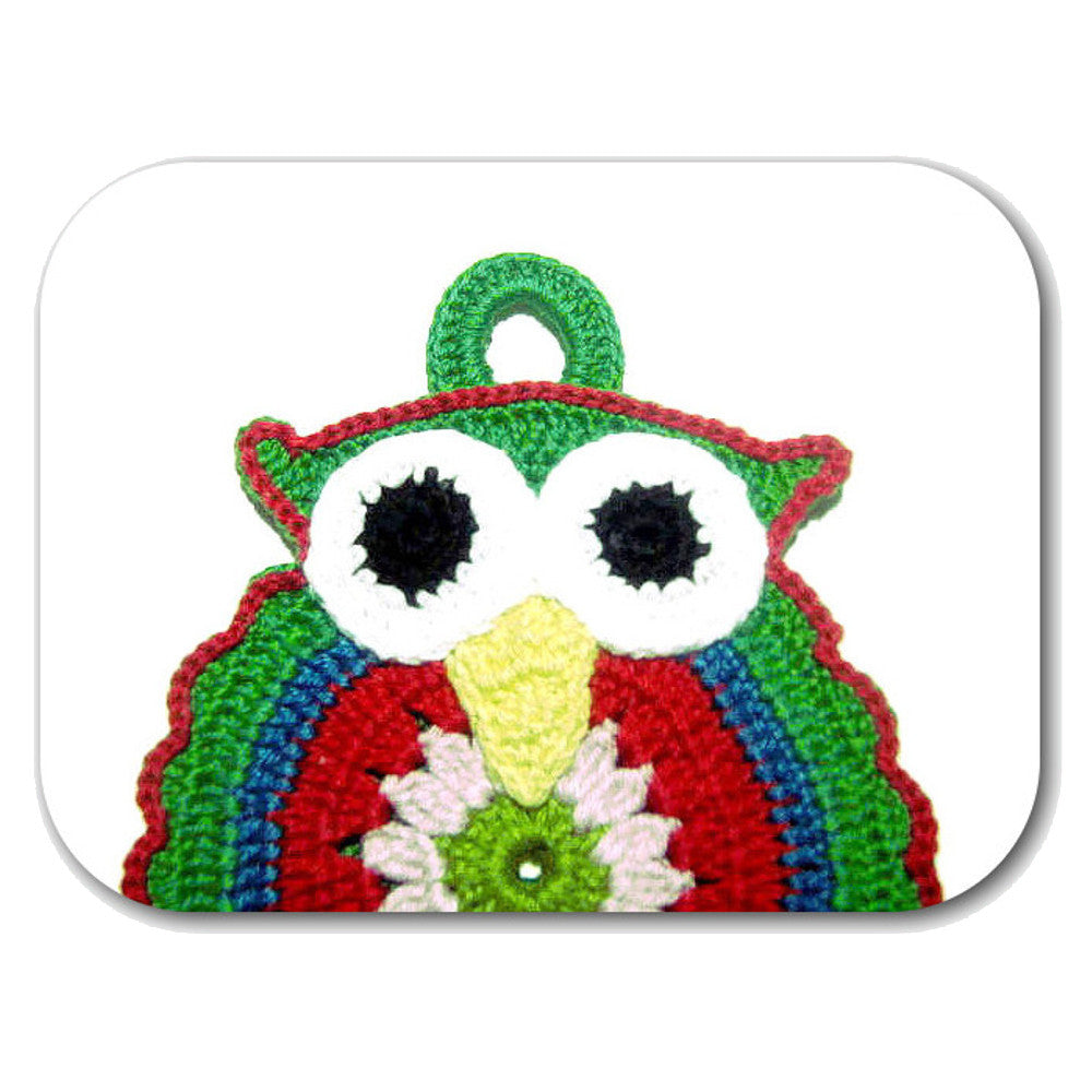 Presina verde a forma di gufetto ad uncinetto 13x18 cm