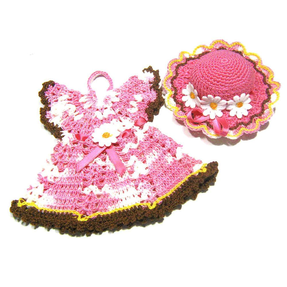 Presina vestitino e cappellino rosa e marrone ad uncinetto