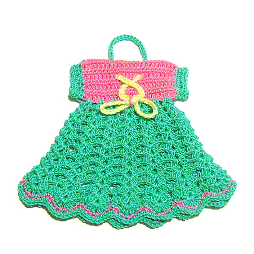 Presina vestitino rosa e acquamarina ad uncinetto 15.5x15 cm