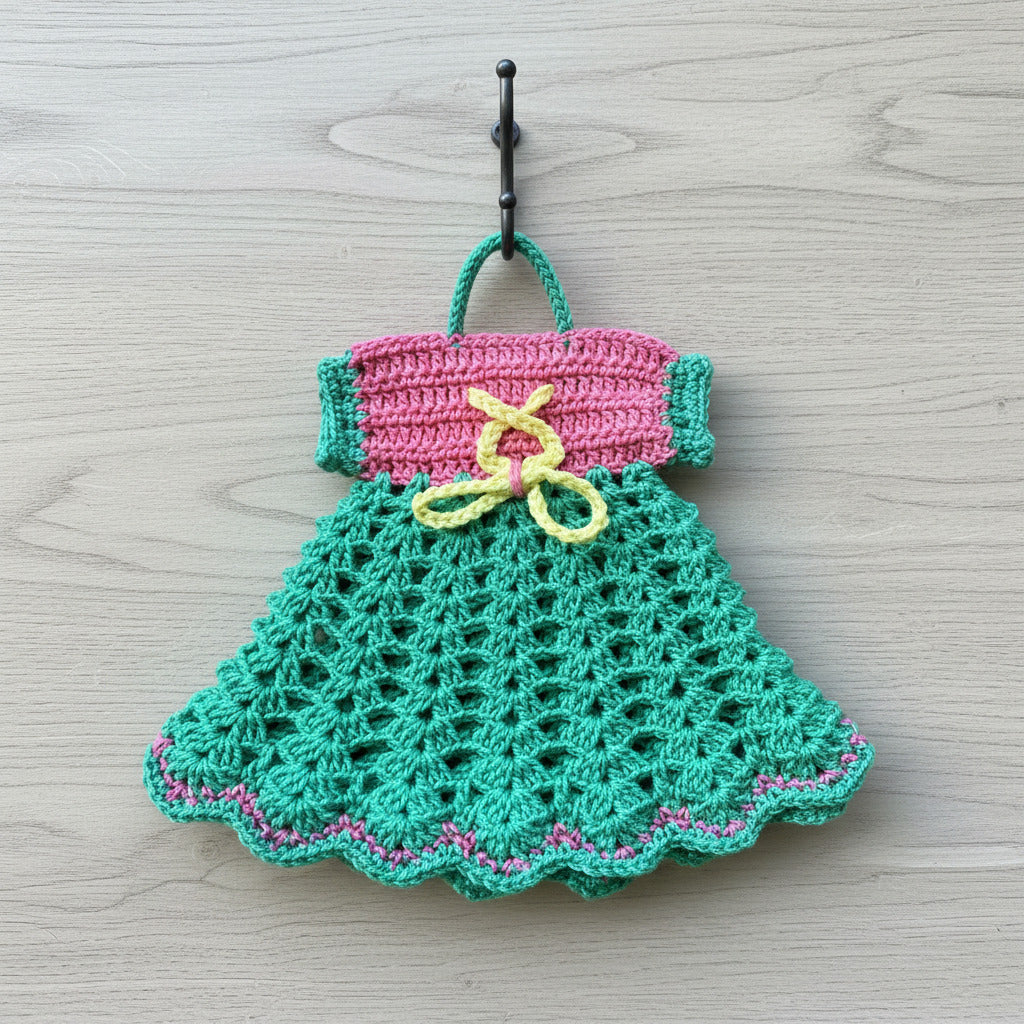 Presina vestitino rosa e acquamarina ad uncinetto 15.5x15 cm