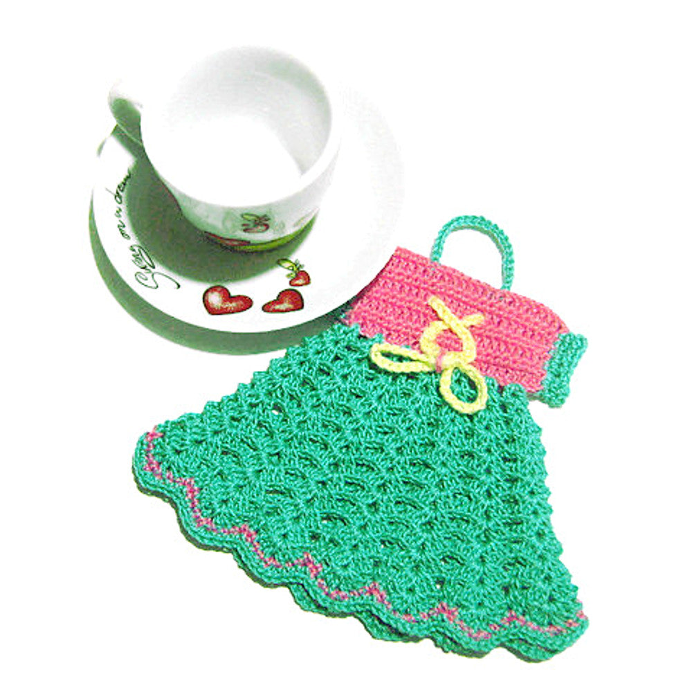 Presina vestitino rosa e acquamarina ad uncinetto 15.5x15 cm