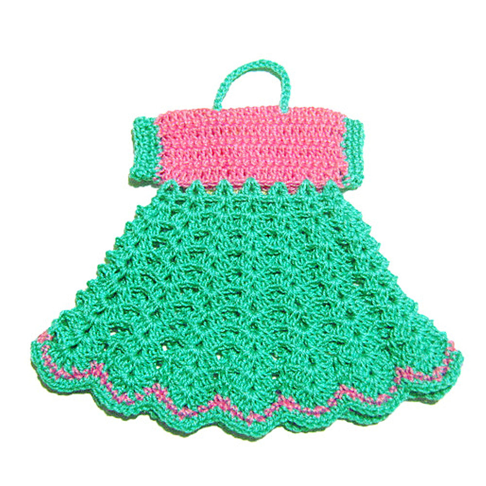 Presina vestitino rosa e acquamarina ad uncinetto 15.5x15 cm