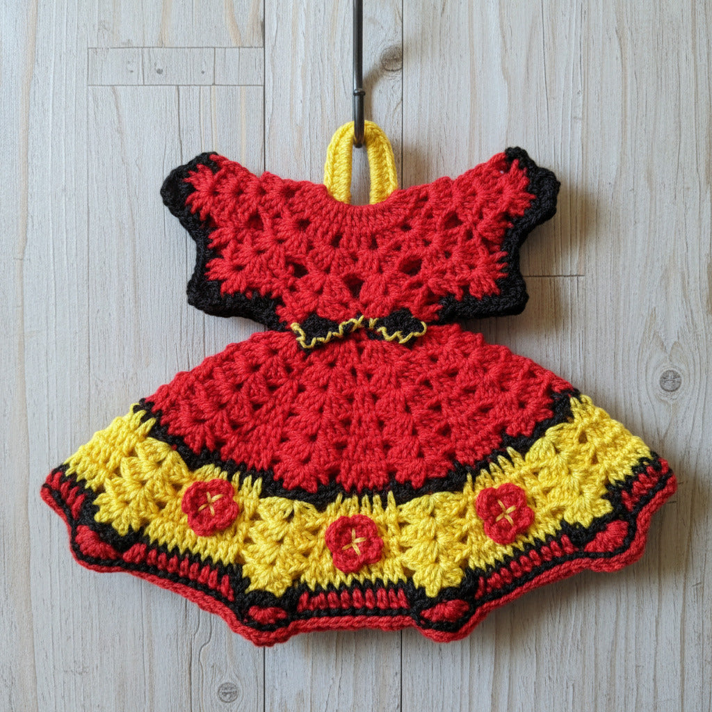 Presina vestitino rosso e giallo ad uncinetto 17x14 cm