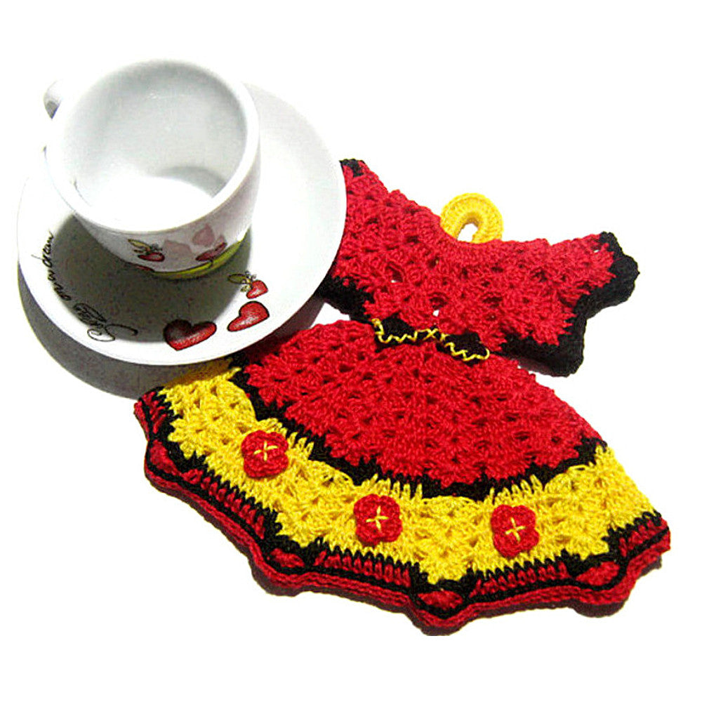 Presina vestitino rosso e giallo ad uncinetto 17x14 cm