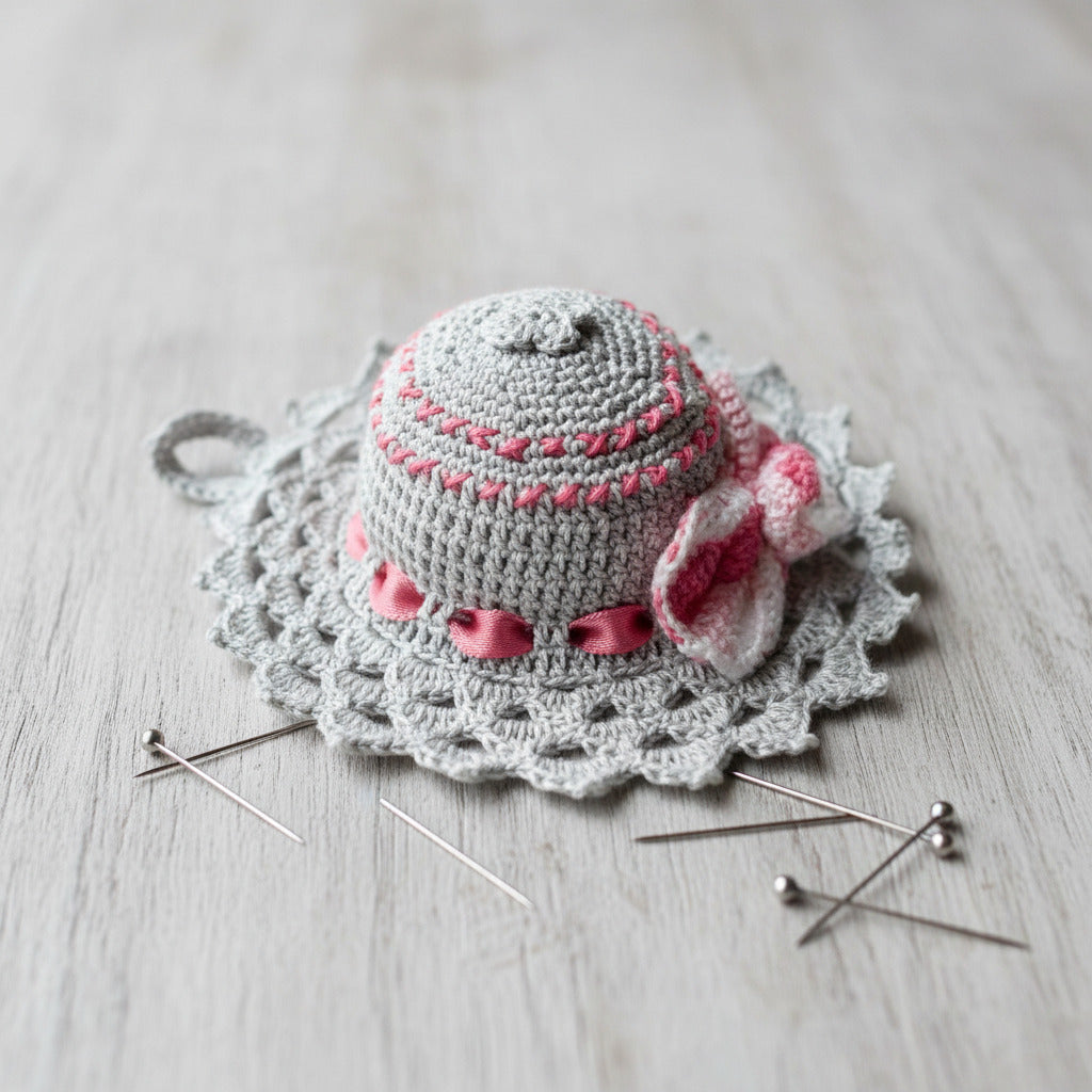 Puntaspilli cappellino grigio con fiocco rosa ad uncinetto 11 cm