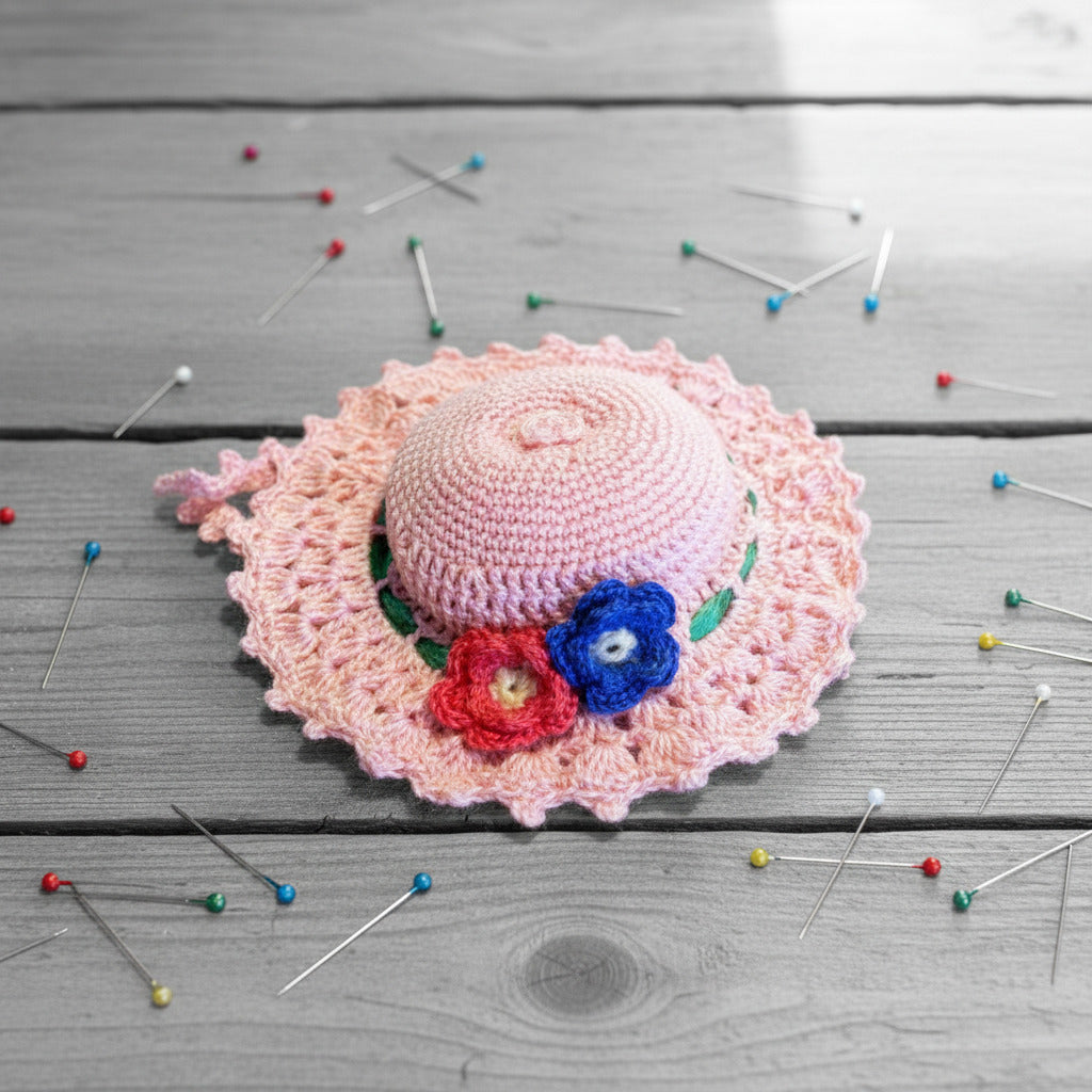 Puntaspilli cappellino rosa con fiori ad uncinetto 12 cm
