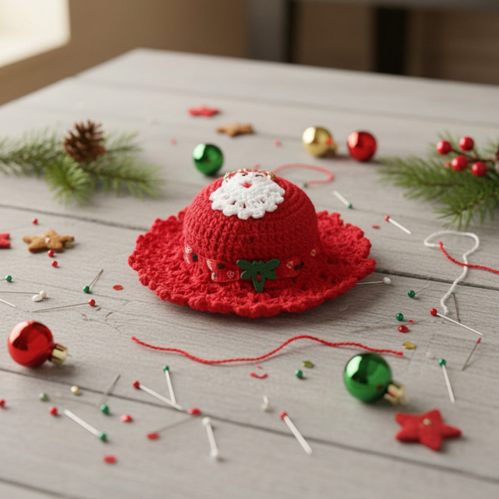 Puntaspilli cappellino rosso con Babbo Natale ad uncinetto 12 cm