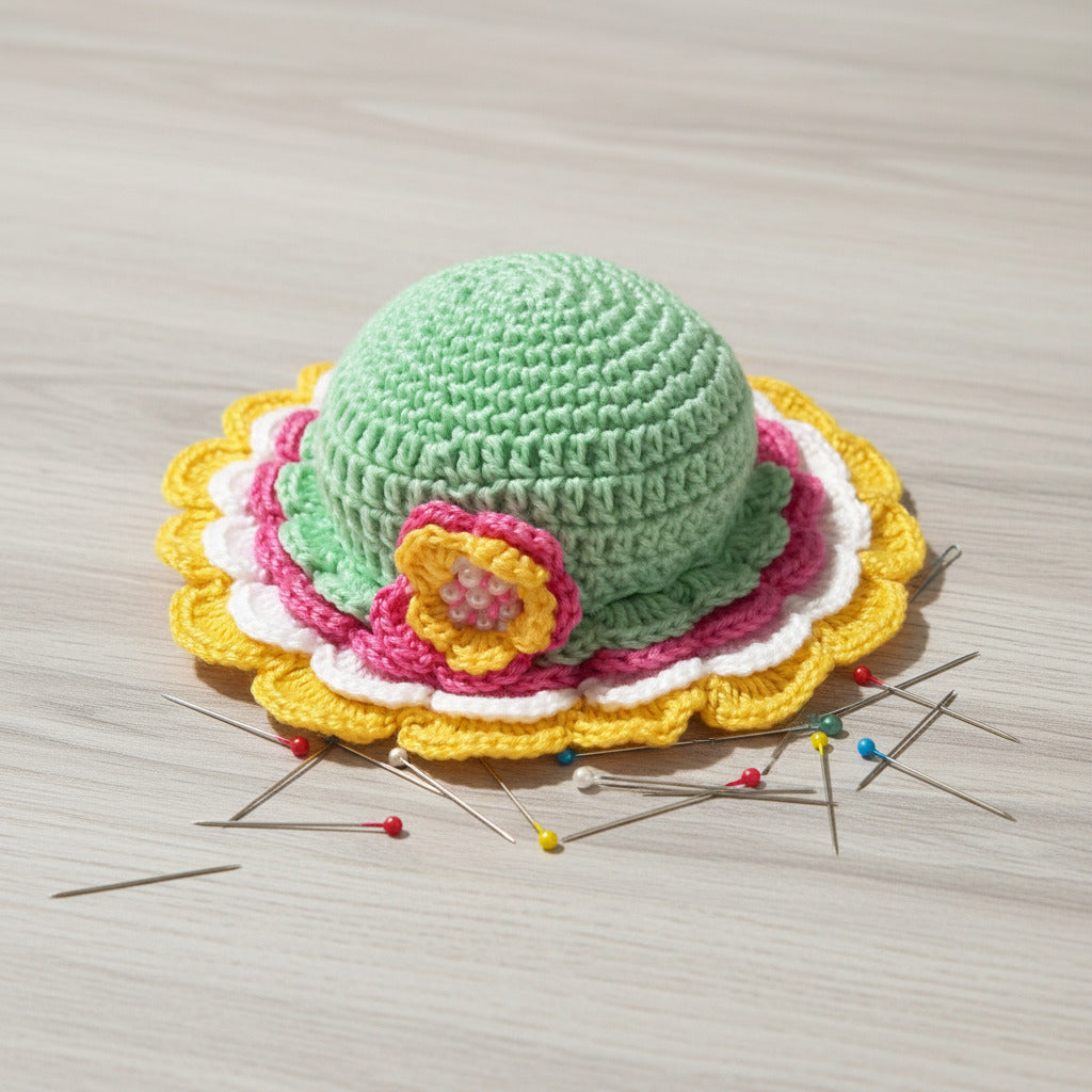 Puntaspilli cappellino verde chiaro con fiore ad uncinetto 11 cm