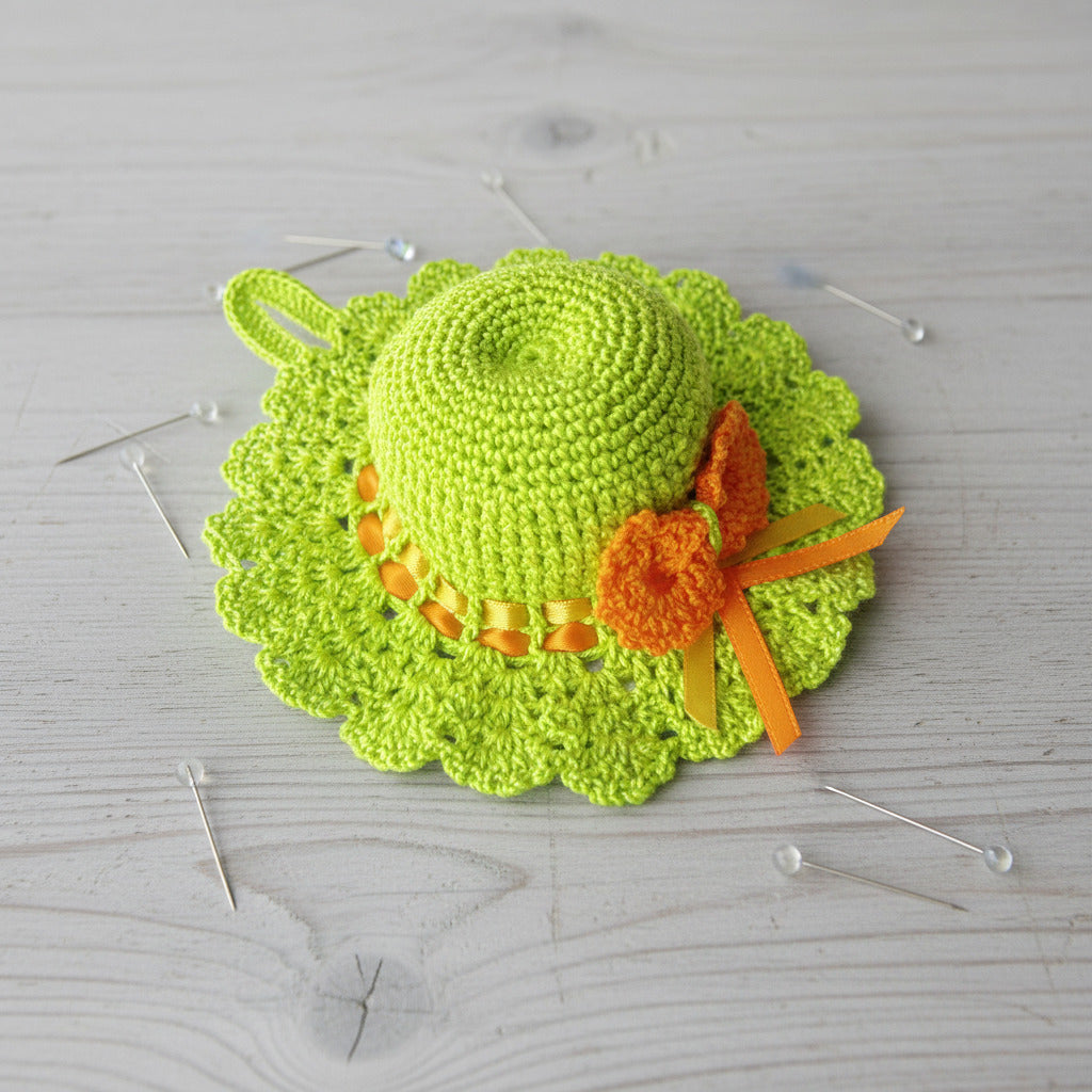 Puntaspilli cappellino verde e arancione ad uncinetto 12.5 cm