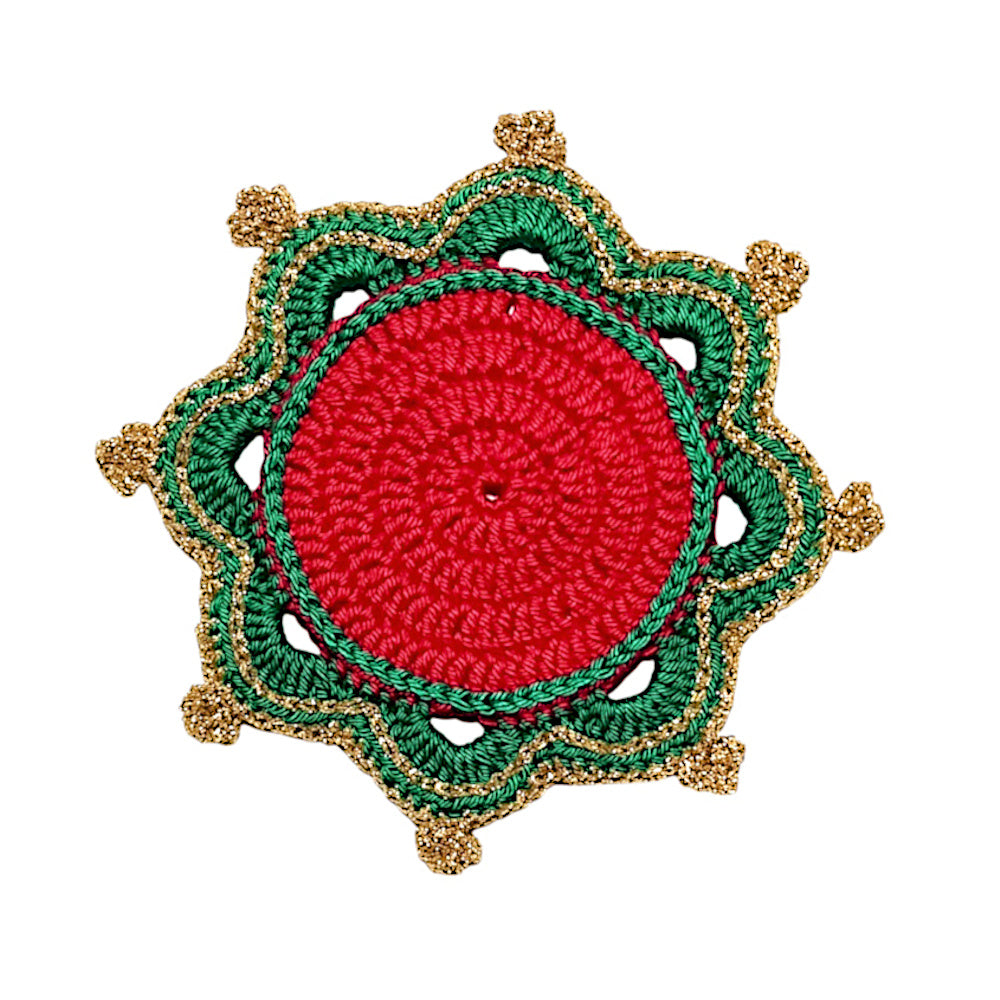 Sottobicchiere di Natale rosso e verde rotondo ad uncinetto 14 cm