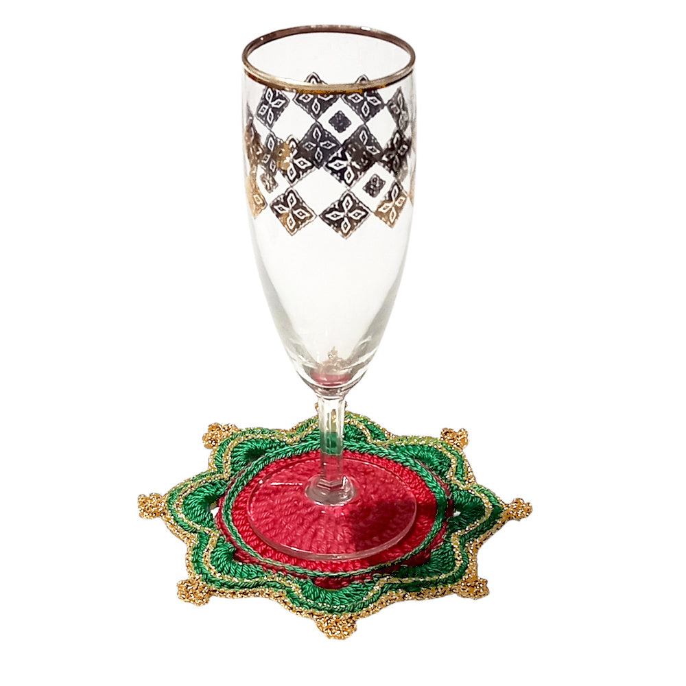 Sottobicchiere di Natale rosso e verde rotondo ad uncinetto 14 cm