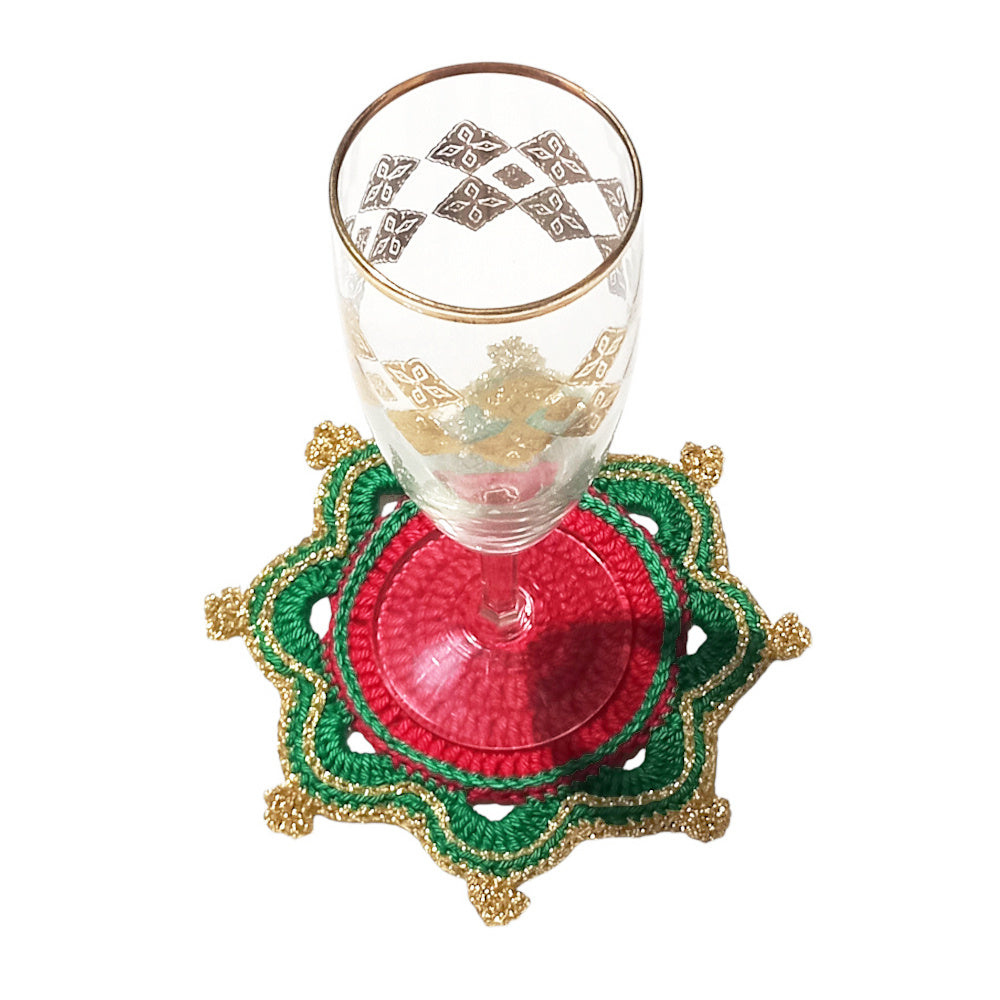 Sottobicchiere di Natale rosso e verde rotondo ad uncinetto 14 cm