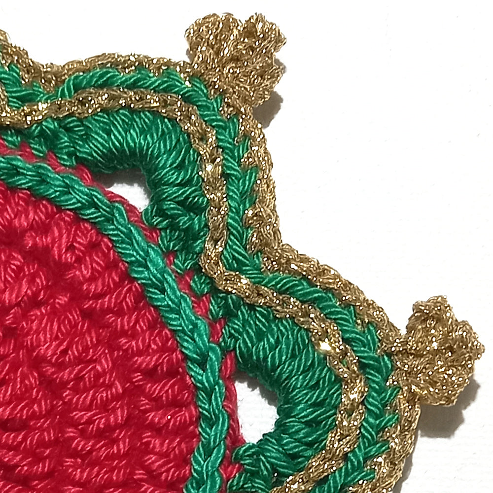 Sottobicchiere di Natale rosso e verde rotondo ad uncinetto 14 cm