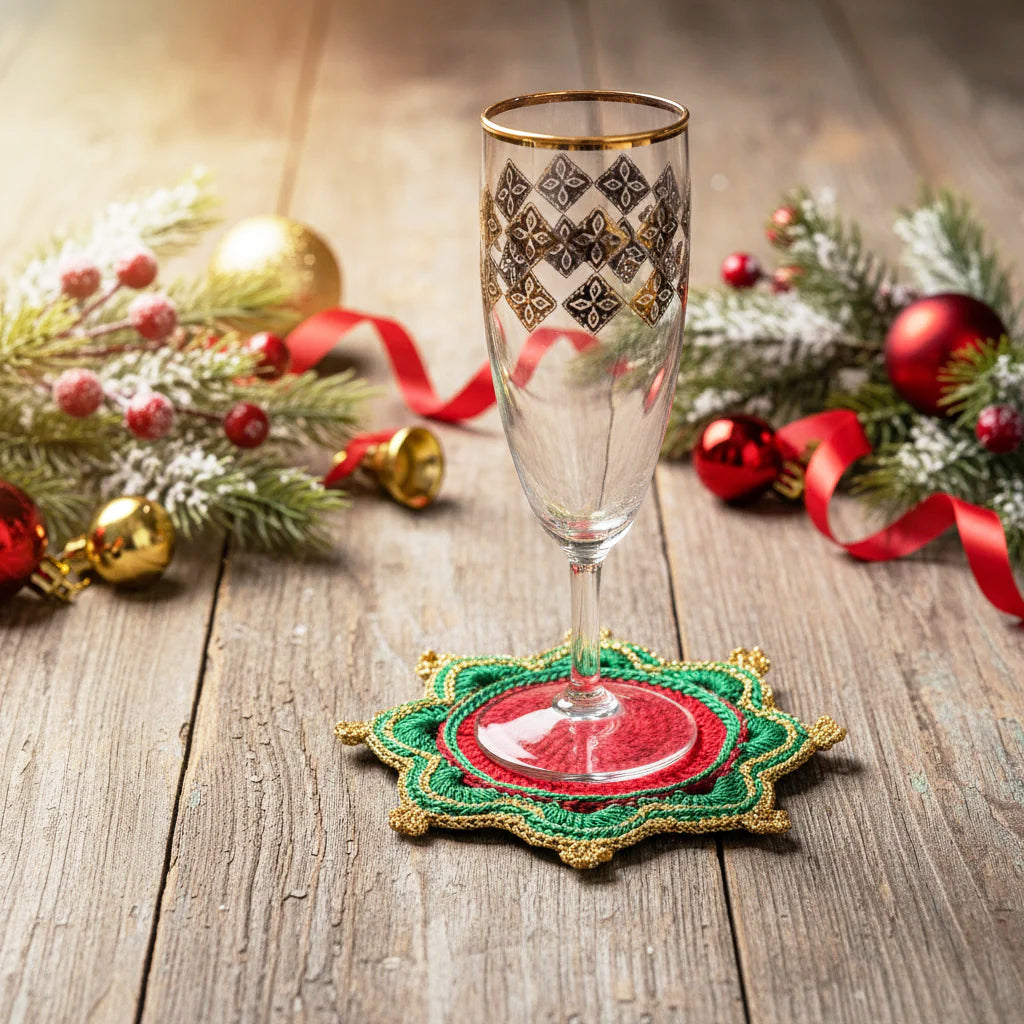 Sottobicchiere di Natale rosso e verde rotondo ad uncinetto 14 cm