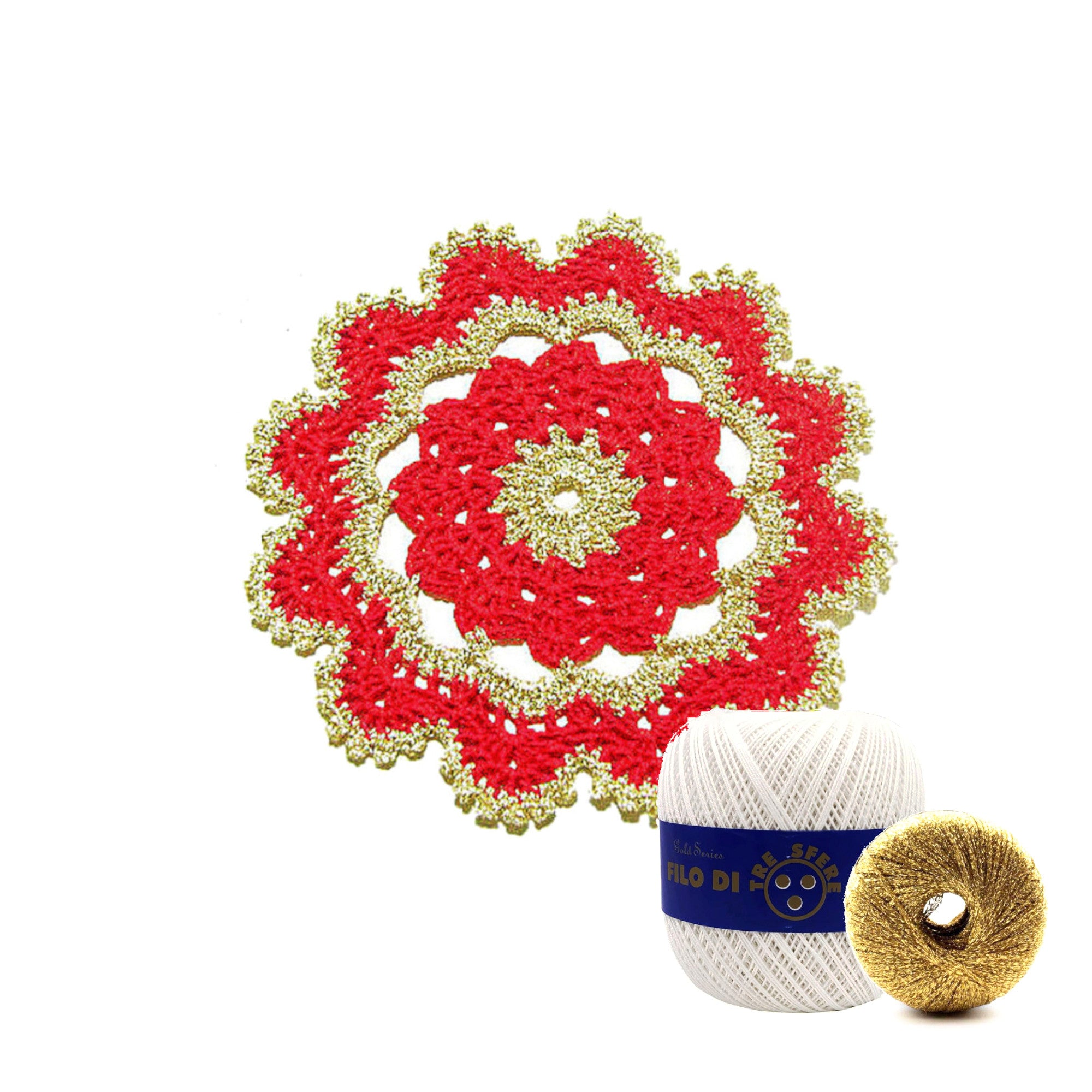 Sottobicchiere di Natale rotondo bianco e oro ad uncinetto 15.5 cm