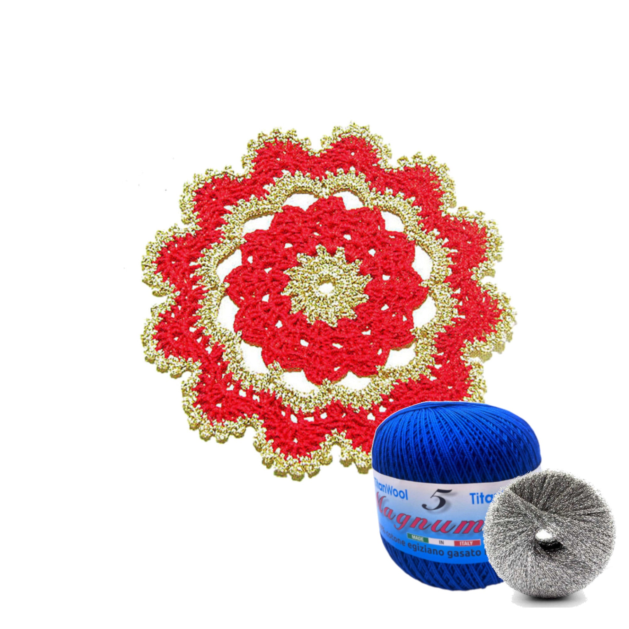 Sottobicchiere di Natale rotondo blu e argento ad uncinetto 15.5 cm