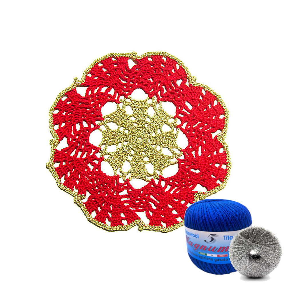 Sottobicchiere di Natale rotondo blu e argento ad uncinetto 16 cm